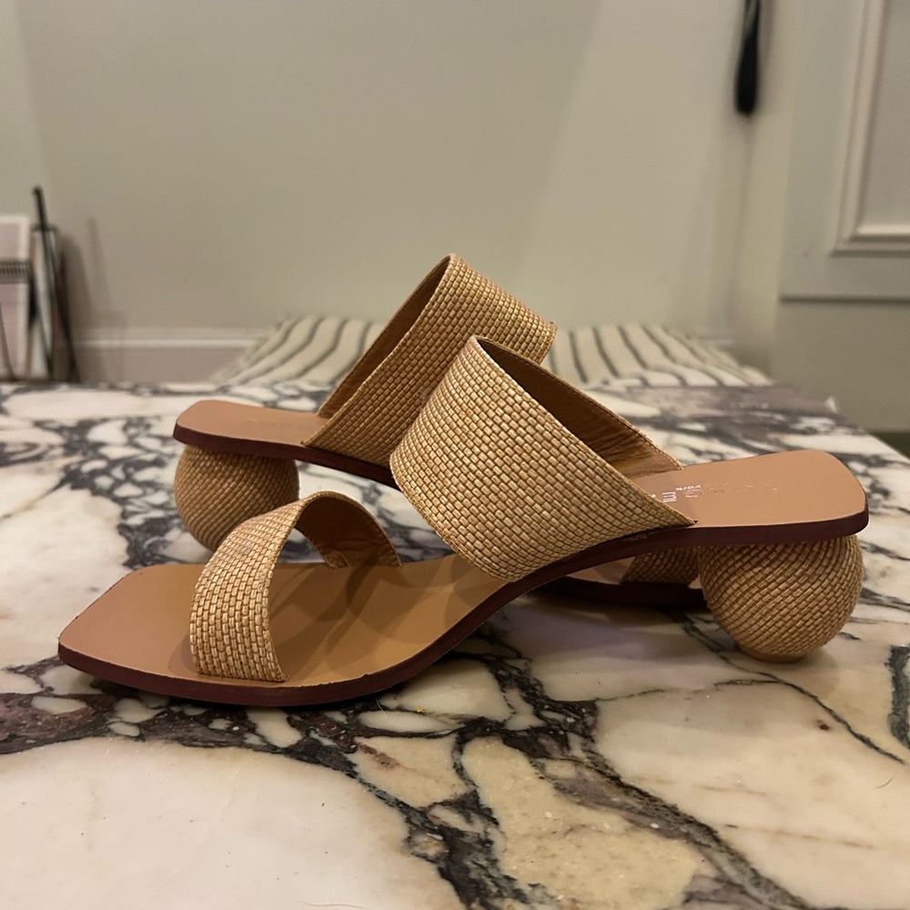 Tan Slip-On Sandals with Woven Strap and Orb Heel